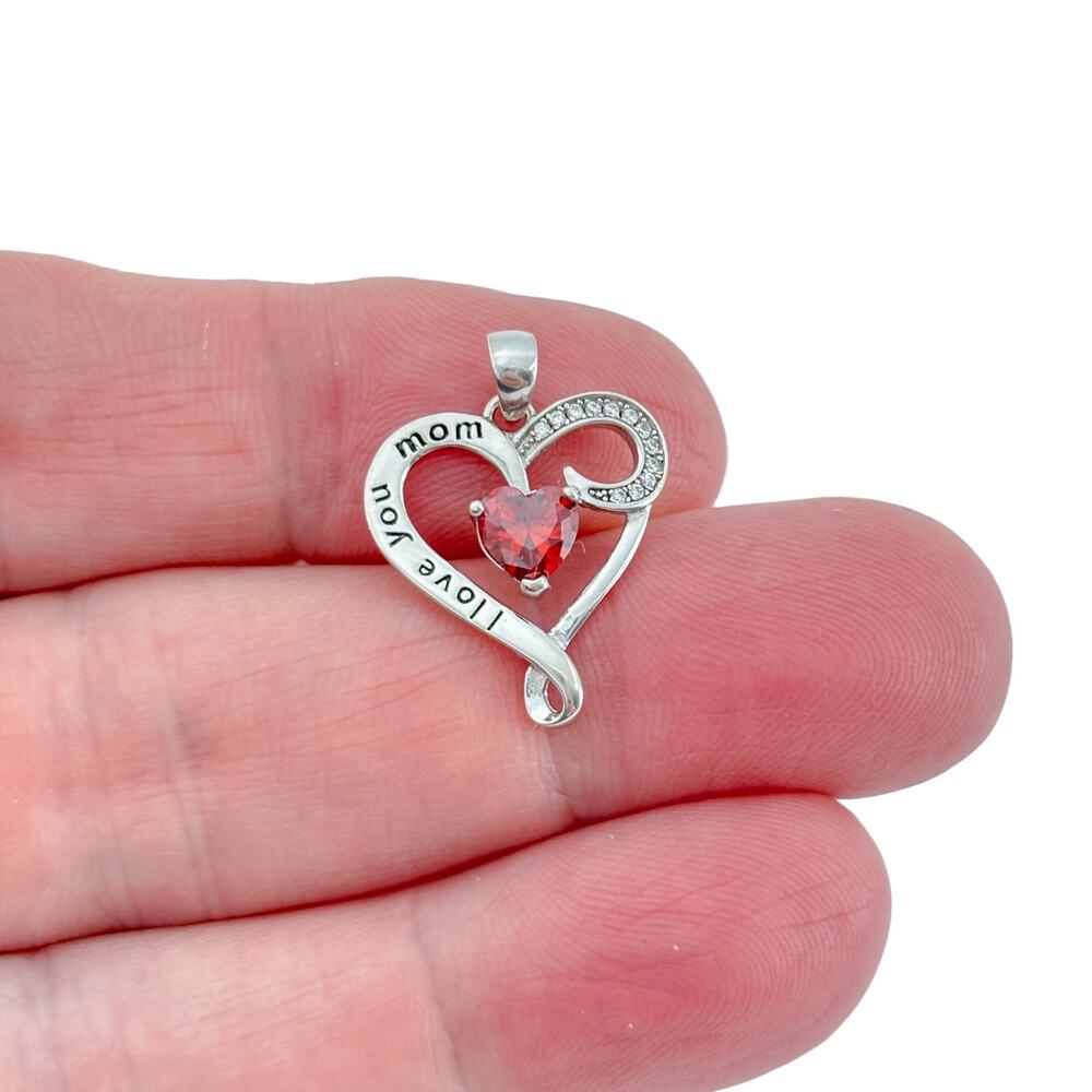 Vintage Sterling Silver 925 Simulated Ruby Mom Heart Pendant
